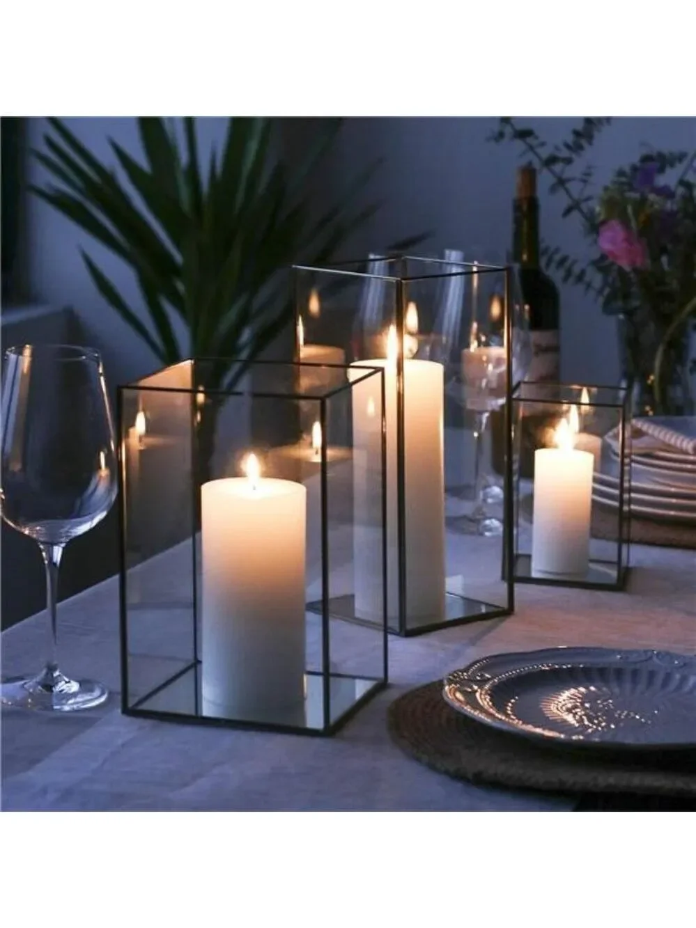 Square Glass Hurricane Candle Holders Set of 3 Vintage Brass Frame Home Centerpi